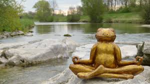 Self awareness Image of a frog made of bronze meditating near a body of water.